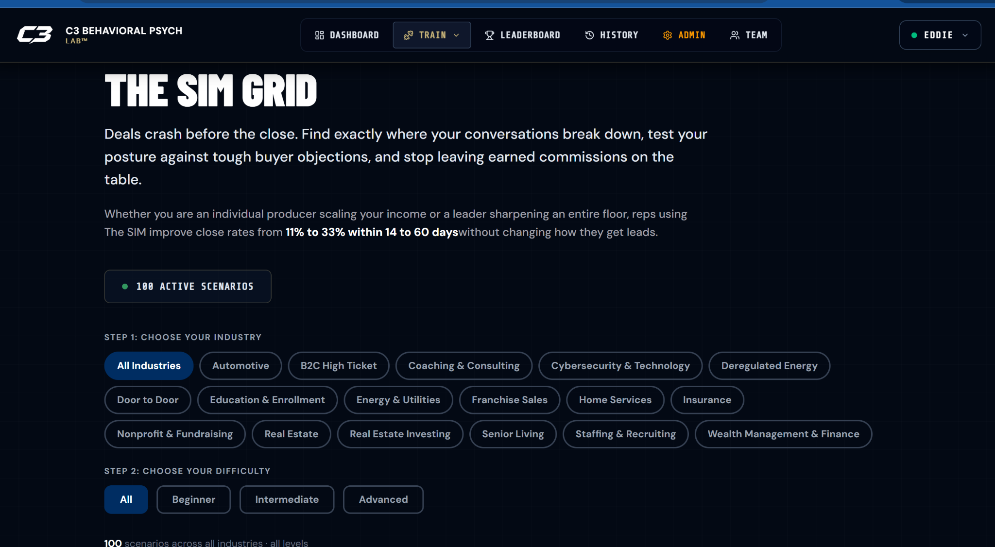 C3 SIM scenario grid with industries and difficulty levels